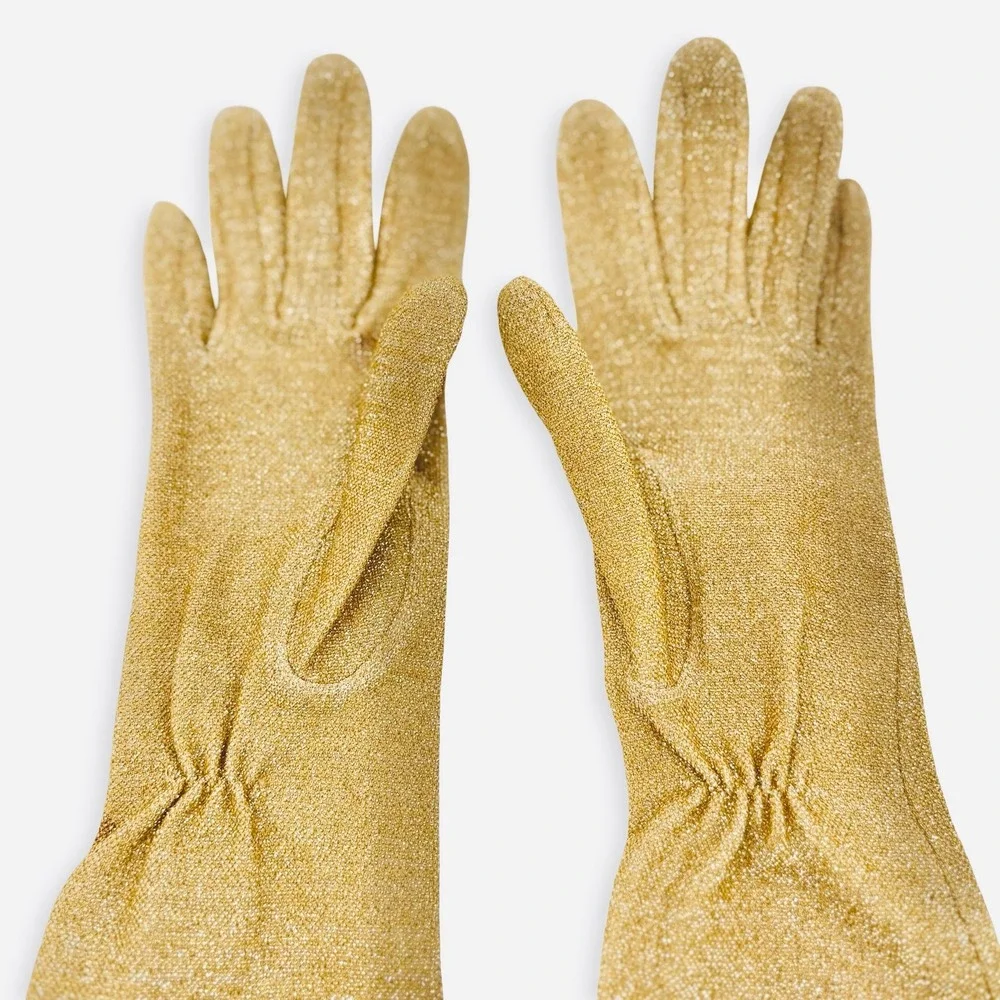 Womens Vintage Gold Lurex Opera Length Long Evening Gloves Formal 50s Metallic